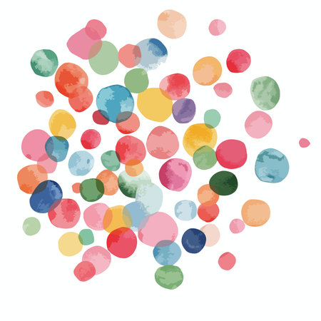 An abstract illustration featuring a random scattering of colorful, overlapping watercolor circles. The hand painted dots in various sizes create a playful confetti effect.のイラスト素材