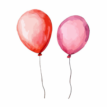 Two watercolor balloons, one red and one pink, float gently against a white background, perfect for celebrations and festive designs.のイラスト素材