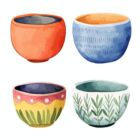 A collection of four distinct watercolor bowls, each featuring unique patterns and vibrant colors, presented on a white background.のイラスト素材