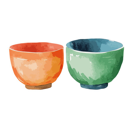 A charming hand painted watercolor illustration featuring two simple ceramic bowls one orange and one green isolated on a clean white background Perfect for design projectsのイラスト素材