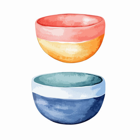 Watercolor painting of two bowls, one in shades of orange and yellow, the other in shades of blue and teal.のイラスト素材