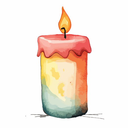 A hand-painted watercolor illustration depicting a single, lit candle with pink and yellow wax dripping down the sides. The candle is set against a white background.のイラスト素材
