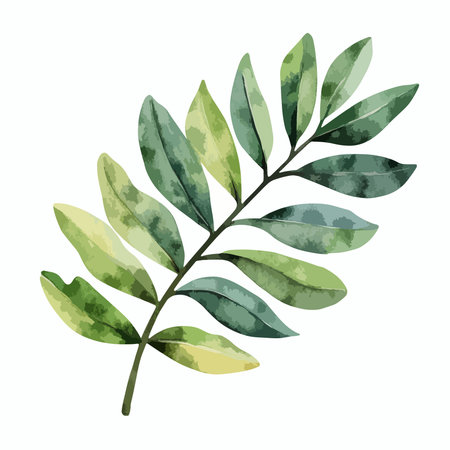 Detailed watercolor painting of a leafy branch with various shades of green, perfect for nature-themed designs.のイラスト素材