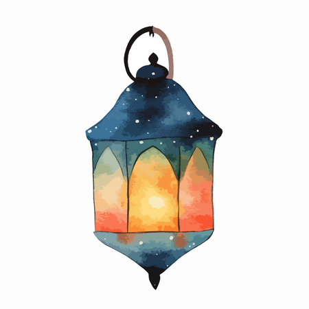 A beautiful watercolor illustration of a traditional blue and orange glowing Ramadan lantern, isolated on a white background. Ideal for Islamic holiday designs.のイラスト素材