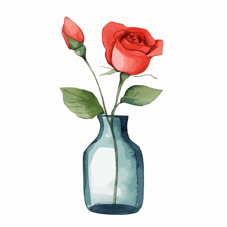 A beautiful artistic painting of a vibrant red rose and a small bud in a transparent blue glass vase. The artwork is isolated on a clean white background.のイラスト素材