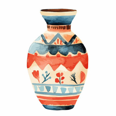 A beautiful watercolor illustration of a ceramic vase decorated with colorful tribal and floral...