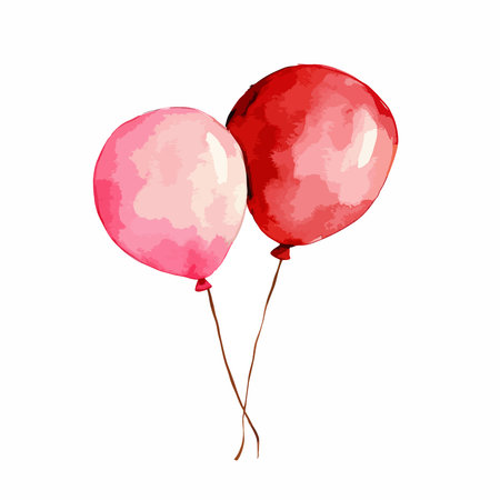 Two watercolor style balloons, one pink and one red, are floating on a white background. They are tied together with thin strings.のイラスト素材