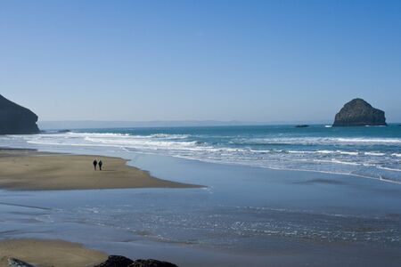 View from the far end of hte beach at Trebarwith Strand, Cornwall UKの写真素材