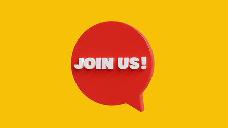 Join Us Red Speech Bubble on Yellow Background. 3d Renderingの写真素材