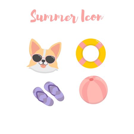 Cute summer icon set with dogのイラスト素材