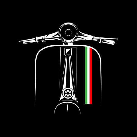 Vector illustration of Vintage Scooter motorcycle silhouette on Black background. Can be used for printed on motorcycle club t-shirt, background, banner, posters, icon, web, etc.のイラスト素材