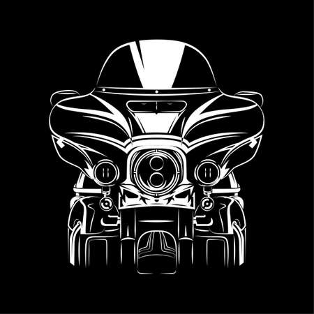 Vector illustration of Ultra Touring motorcycle silhouette on Black background. Can be used for printed on motorcycle club t-shirt, background, banner, posters, icon, web, etc.のイラスト素材