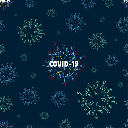 Seamless Pattern of Corona Virus Disease COVID-19, global spread dangerous corona virus pandemic on dark background.のイラスト素材