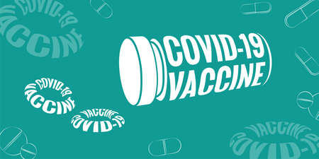 Covid Vaccine Logo. COVID-19, Corona Virus Disease vaccine and drug for prevention, immunization and treatment concept illustration isolated on Green Background.のイラスト素材