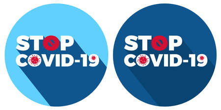 STOP Covid-19, stop global spread dangerous corona virus, pandemic risk alert stop sign illustration concept with long shadow effect isolated on classic blue color.のイラスト素材