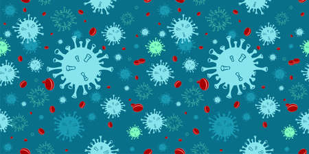 Seamless Pattern of Corona Virus Disease 2019. Covid-19 virus background with disease cells and red blood cell, global spread dangerous coronavirus pandemic illustration concept.のイラスト素材