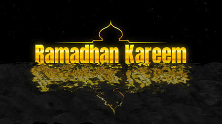 Ramadhan Kareem Greeting in Gold Color Gradient with Mosque Silhouette Isolated on Ocean Wave and Black Stars Burst Particle Background.の写真素材