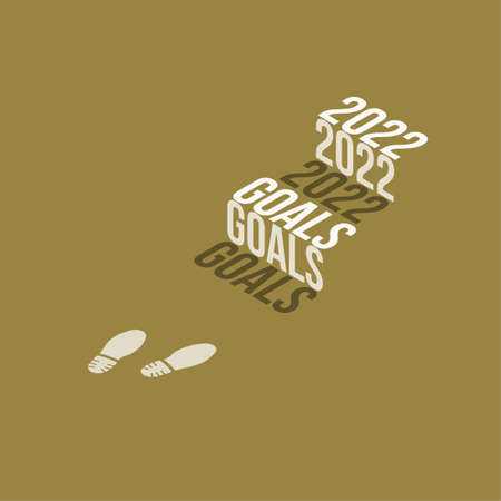 2022 goals Isometric stairs text effect with footprints isolated on gold background, Vector Illustration.のイラスト素材