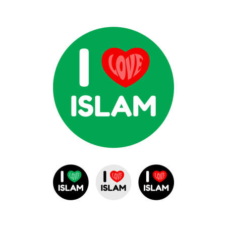 I Love Islam faith Text with Red Hearts Isolated on Green Background, Islamic Vector illustration.のイラスト素材