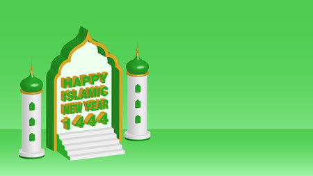 Happy Islamic New Hijri Year 1444 with 3D Green Mosque Silhouette and copy space isolated on Green Background. Islamic New Year 1444 Hijriyah 3D Text Effect.のイラスト素材