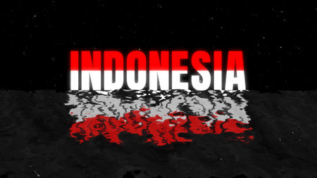 Indonesia Flag Text effect isolated on ocean wave and black stars burst particle background, 4k Indonesian Independence Day Text artwork illustration.の写真素材