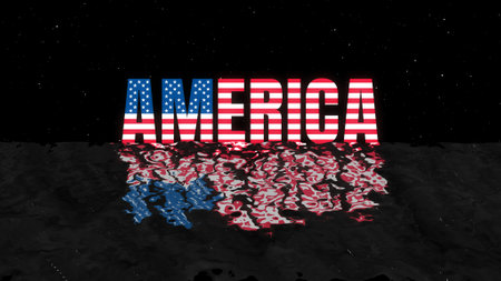 United States of America Flag Text effect isolated on ocean wave and black stars burst particle background, 4k American Independence Day Text artwork illustration.の写真素材