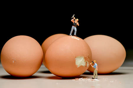 Miniature People, Miniature Workers are breaking eggsの写真素材