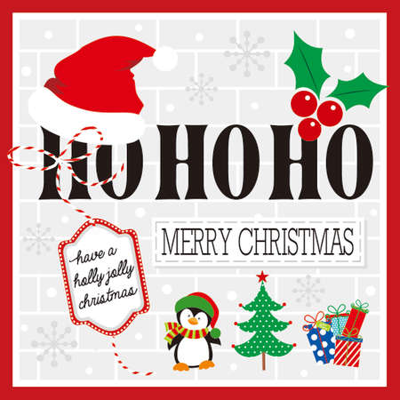 christmas card with santa hat, berry, penguin, gift and ho ho ho textのイラスト素材