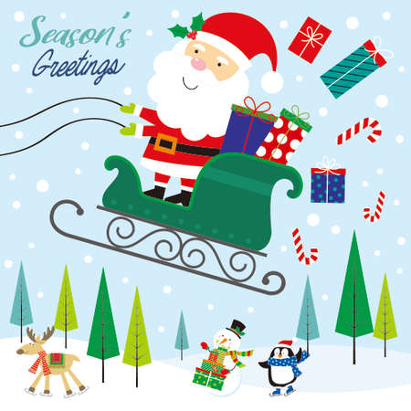 christmas card with santa and sleighのイラスト素材