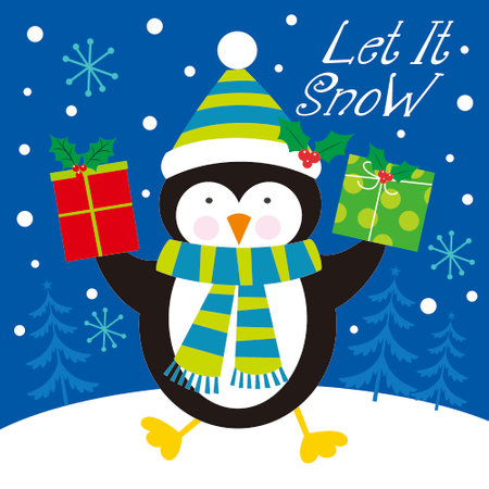 christmas card with cute penguin and giftsのイラスト素材