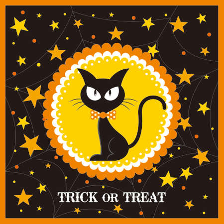 happy halloween card with black cat and starsのイラスト素材