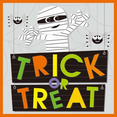 happy halloween card with mummy and text trick or treatのイラスト素材