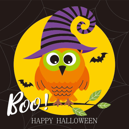 happy halloween card with cute owl and batsのイラスト素材