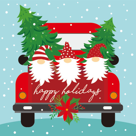christmas card with christmas gnomes and tree on the carのイラスト素材