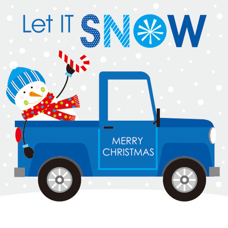 christmas card with snowman on the carのイラスト素材