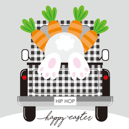 happy easter card with bunnya and carrot on the carのイラスト素材