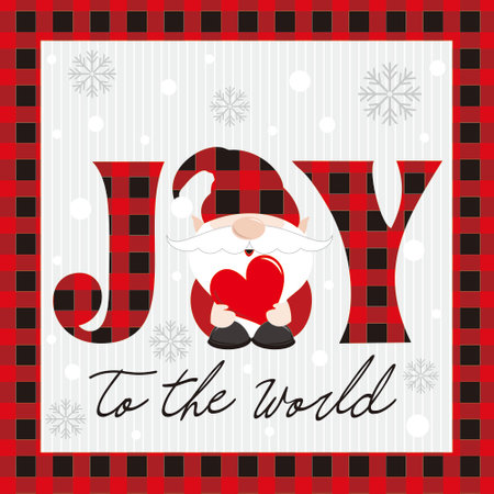 christmas greeting card with gnome  joy and buffalo plaidのイラスト素材