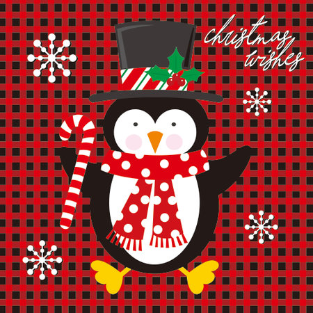 christmas greeting card with penguin and buffalo plaidのイラスト素材