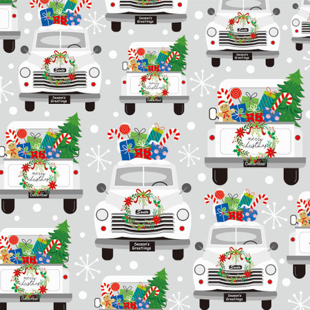 christmas pattern with christmas car   gifts and trees patternのイラスト素材
