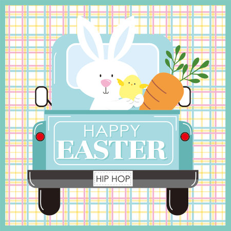 happy easter card with bunny  chick and carrot on the carのイラスト素材