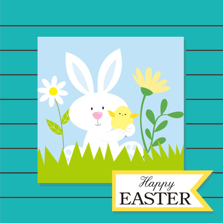 easter greeting card with bunny  chick and flowerのイラスト素材