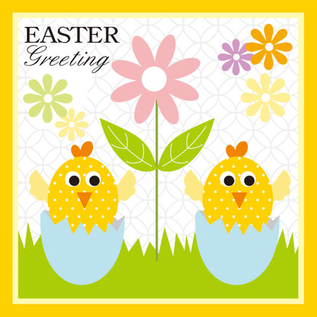 easter greeting card with chicken  eggs and flowersのイラスト素材