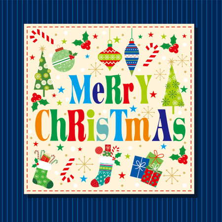 <p>christmas greeting card with christmas text and decorations</p>のイラスト素材