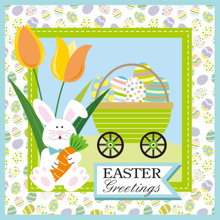 easter greeting card with bunny  carrot and tulipsのイラスト素材