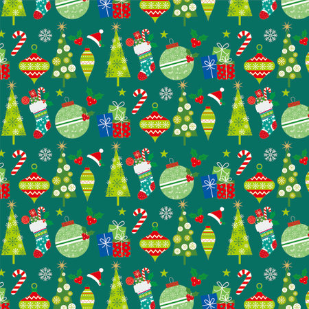 chrismas pattern with christmas  tree, ball, candy cane, berry and stockingのイラスト素材