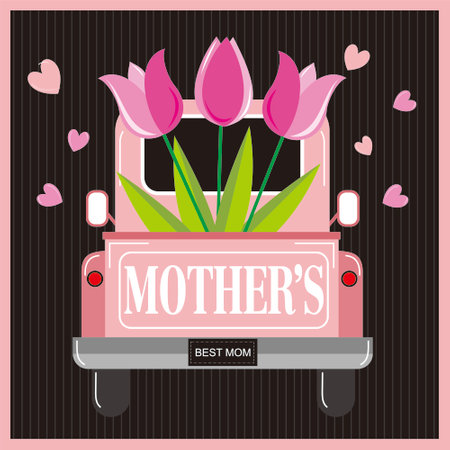 happy mother' day with tulips on the truckのイラスト素材