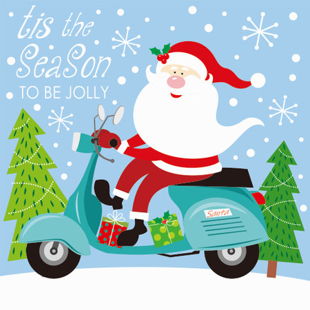 christmas card with santa claus on scooterのイラスト素材