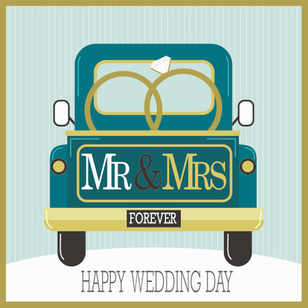 happy wedding day with rings on the carのイラスト素材