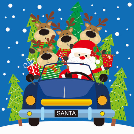 christmas card with santa and reindeer on the carのイラスト素材