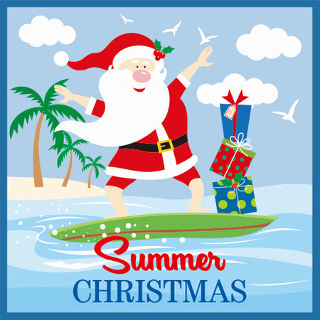 christmas card with santa surfingのイラスト素材